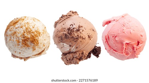 Vanilla lotus biscuit chocolate brownie and strawberry gelato ice cream isolated on white background. 