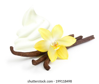 Vanilla pods, flower and ice cream isolated on white background