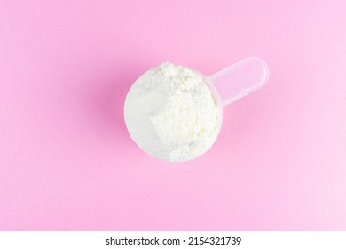 Vanilla Protein Powder Scoop On Pink Background. Female Sport Supplements, Weight Loss Powder, Plant Based, Pea Powder, Organic Casein Isolate