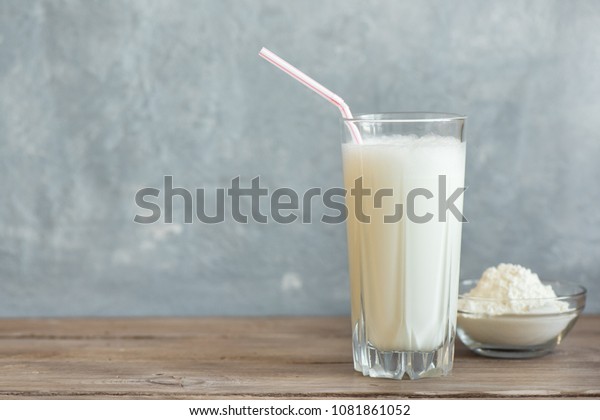 Vanilla Protein Shake. Healthy Sport\
Fitness Drink with Whey Protein. Vanilla\
Milkshake.