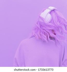 Vanilla Purple aesthetics Dj Girl. Monochrome Party colours. Stylish headphones, music lover concept