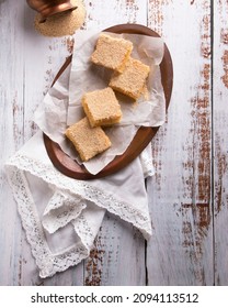 Vanilla Semolina Cake On Rustic Copper Oval Dish