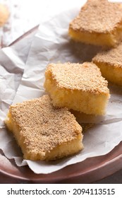 Vanilla Semolina Cake On Rustic Copper Oval Dish