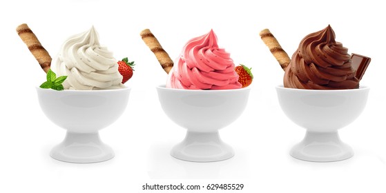 Vanilla, Strawberry And Chocolate Frozen Yogurt Or Soft Ice Cream With Wafer Stick In Porcelain Cups Isolated On White Background