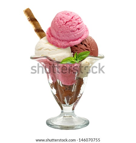 Vanilla, strawberry and chocolate ice cream scoops with wafer stick in sundae bowl or ice cream in sundae dish isolated on white background.