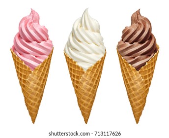 Vanilla, Strawberry And Chocolate Soft Serve Ice Cream / Frozen Custard In Cone Isolated On White Background