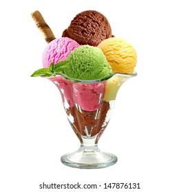 Vanilla, Strawberry And Chocolate Sundae Dish Ice Cream Scoops With Wafer Stick In Sundae Cup Or Glass Isolated On White Background