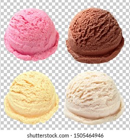 Vanilla, strawberry, chocolate, yellow ice cream scoops from top view isolated on checkered background - Shutterstock ID 1505464946