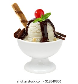 Vanilla Sundae Ice Cream With Sauce, Wafer Stick, Sweet Cherry, Mint And Chocolate Curls In Cup 