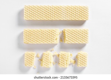 Vanilla Wafer Biscuit Whole And Broken On White Background, Top View