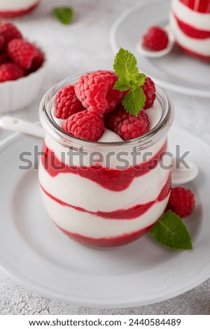 Vanilla white chocolate mousse, trifle, panna cotta or parfait with raspberry sauce in a glass jar. Sweet summer dieting dessert