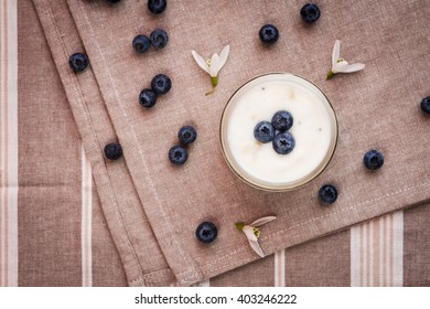 Vanilla Yogurt With Blueberries. Flat Lay, Top View