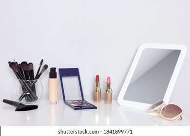 Vanity Table With Mirror, Makeup Products And Accessories