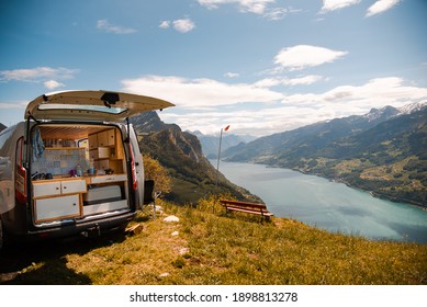 Vanlife - Camping Van on a mountain in Switzerland