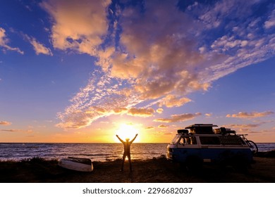 Vanlifer with his old vintage van by the sea and enjoys the sunset, Lazio, Italy - Powered by Shutterstock