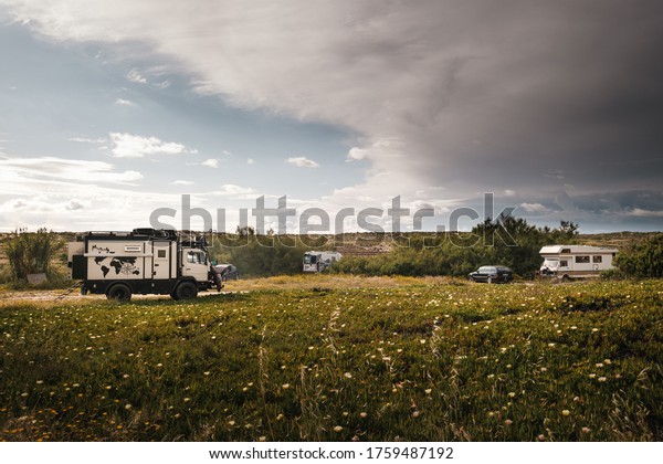 Vanlifers camp out in the wilderness. Santiago do\
Cacem, Portugal, May 14,\
2020.