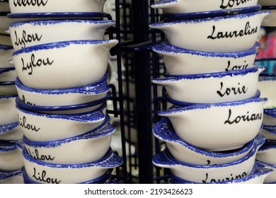 Vannes, France, August 17, 2022 :
Traditional Breton Bowls With First Names Close Up