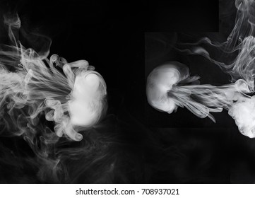 Vape Cloud Jellyfish. White Smoke On Black Background.