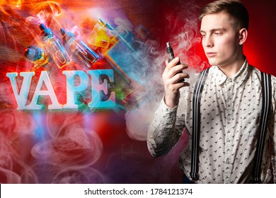 Vape Pen In Hands Is Man. Vaping Kit Next To A Man. Vaping Kit Next To The Vape Logo. Guy Is Looking At An Electronic Cigarette. Man Chooses A Vape Device. Vaping Juice Bottles On The Table.