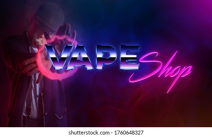 VAPE Shop inscription on a lilac background. Vaper blows out a smoke ring and points to the label VAPE shop. Sales of electronic cigarettes and accessories. Gadgets for Smoking.