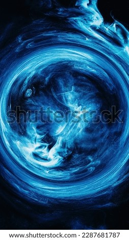 Vapor swirl. Round frame. Paint water. Astrology occult. Blue color steam whirl glitter smoke circle vortex on dark black abstract background.