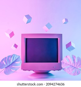 Vaporwave Old Retro Computer Like Nostalgia Tropical Monstera And Flying Blocks As Idea Information Or Blockchain