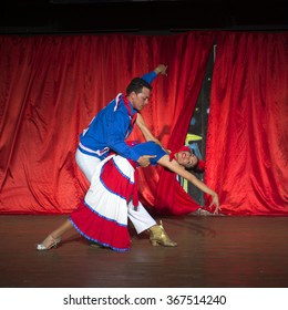 VARADERO, CUBA - JANUARY 18, 2016:  Entertainment staff at the Melia Las Antillas resort perform dance for tourists.