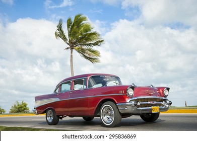 VARADERO, CUBA - JUNE, 2011: Brightly painted classic vintage American car drives along a coastal road next to single palm tree.