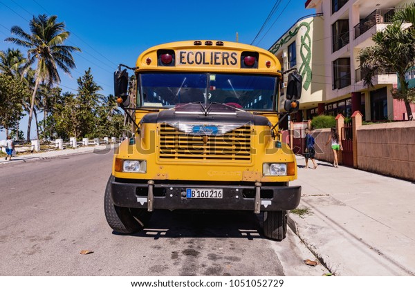 VARADERO, CUBA -\
MARCH 04, 2018: American school bus in Varadero. Old american\
school bus on the street.\
Cuba.
