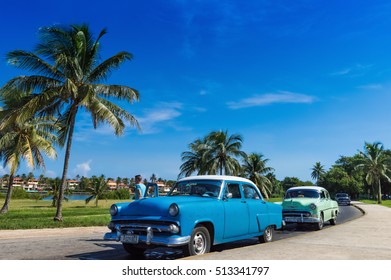 Varadero, Cuba - September 11, 2016: HDR - American Chevrolet classic cars in series parked near the beach in Varadero Cuba - Serie Cuba 2016 Reportage