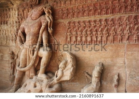 The Varaha panel in Cave 5 is one of the most studied reliefs from the Gupta Empire era. It narrates the Hindu mythology about a man-boar avatar of Vishnu (Varaha) rescuing goddess earth.