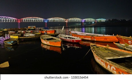 Varanasi, Banaras, Uttar Pradesh, India - February 16,2019: A boat parked in the Ganges River,Varanasi.Hindu holy city on Ganges Ganga