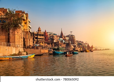 Varanasi, Banaras, Uttar Pradesh, India -
 December 16, 2015 : Ghats (Banks) on the Ganges River, Hindu holy city on Ganges Ganga.