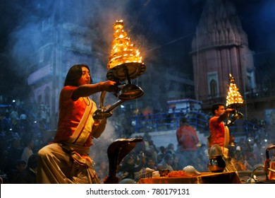 Varanasi, Banaras, Uttar Pradesh, India -
 December 14, 2015 : Hindu priests perform an Arti worship ceremony at  Ganges River.