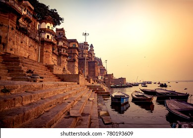 Varanasi, Banaras, Uttar Pradesh, India -
 December 14, 2015 : Ghats (Banks) on the Ganges River, Hindu holy city on Ganges Ganga.