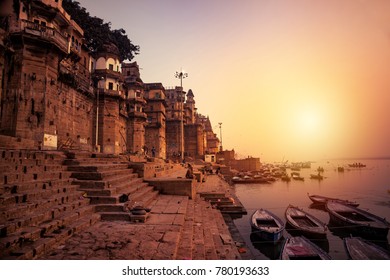 Varanasi, Banaras, Uttar Pradesh, India -
 December 14, 2015 : Ghats (Banks) on the Ganges River, Hindu holy city on Ganges Ganga.