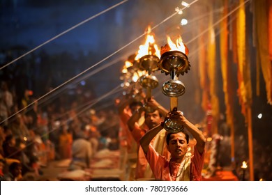 Varanasi, Banaras, Uttar Pradesh, India -
 December 13, 2015 : Hindu Priests Perform An Arti Worship Ceremony At  Ganges Rive.