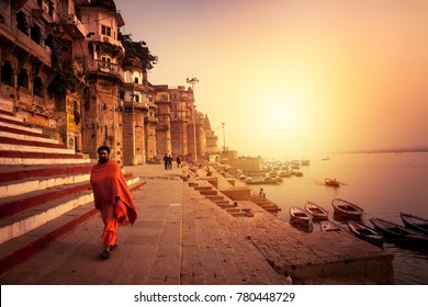 Varanasi, Banaras, Uttar Pradesh, India -
 December 13, 2015 : Ghats (Banks) on the Ganges River, Hindu holy city on Ganges Ganga.
