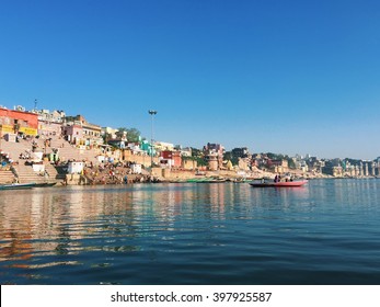 Varanasi City Landscape - View From The Ganga River, India, Morning City River View, Ancient City Landscape, Indian City On Ganges, Varanasi River Trip, Clean Blue Water Of Ganges, River Reflections