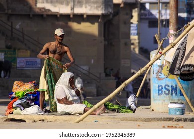 Varanasi, India, 19 FEB 2009, Dobby Walla Is Doing Laundry In The Ganges River.