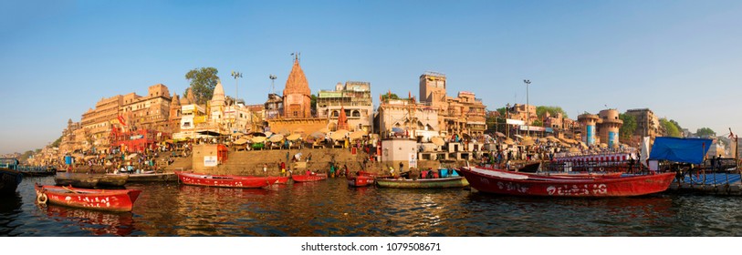  Varanasi / India 29 March 2018 Panorama View Of The Varanasi Ghat From Ganges River At Varanasi  Uttar Pradesh India