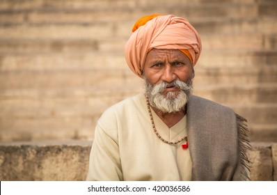 VARANASI, INDIA - CIRCA NOVEMBER 2015: Sadu Man By The River Ganges