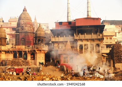 Varanasi, India, February 02, 2021,  Cremation at Manikarnika Ghat which is on the banks of River Ganges in Varanasi, Banaras, Kashi, Uttar Pradesh, India.