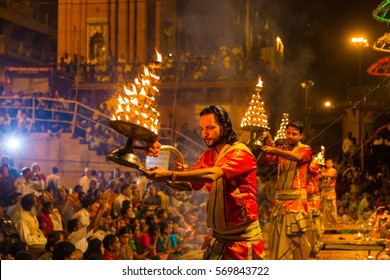 Varanasi, India - Mar 12, 2015: Ganga Aarti Ceremony At Dasashvamedh Ghat