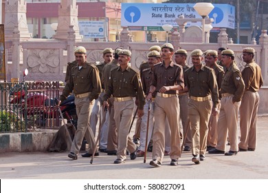 VARANASI, INDIA - MARCH 4, 2015: Local Police Providing Security Cover On The Occasion Of A Visit To The City By The Chief Minister Of The Indian Government