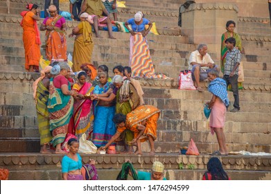 Varanasi, India - November 13, 2015: Womens Group Praying Together Ganges River Ghats In Varanasi, India