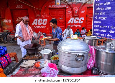 Varanasi, India - November 19, 2019. A Man Selling Local Food At Street Market In Varanasi, India.