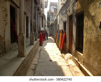 Varanasi, Uttar Pradesh, India - Nov 1, 2009 Alleys In Kashi Where Banarasi Silk Saree Are Kept On A Wooden Stand