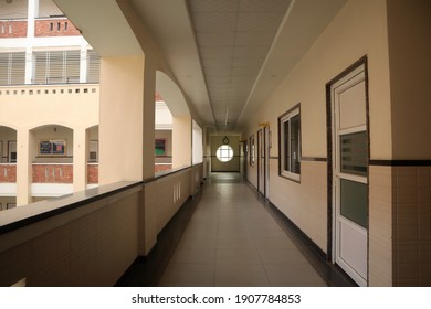 Varanasi,India Oct-19 2020:  Interior Of A School Corridor With Selective Focus And Copy Space During Covid In India.A Long Empty Corridor With White Walls.The Concept Of Quarantine.