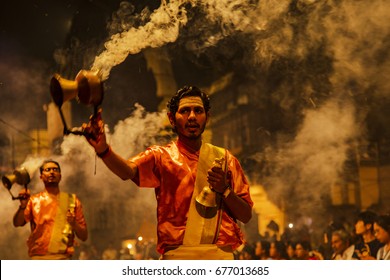 Varanasi,India-March 15,2017;he Prays To Gods In Aarti